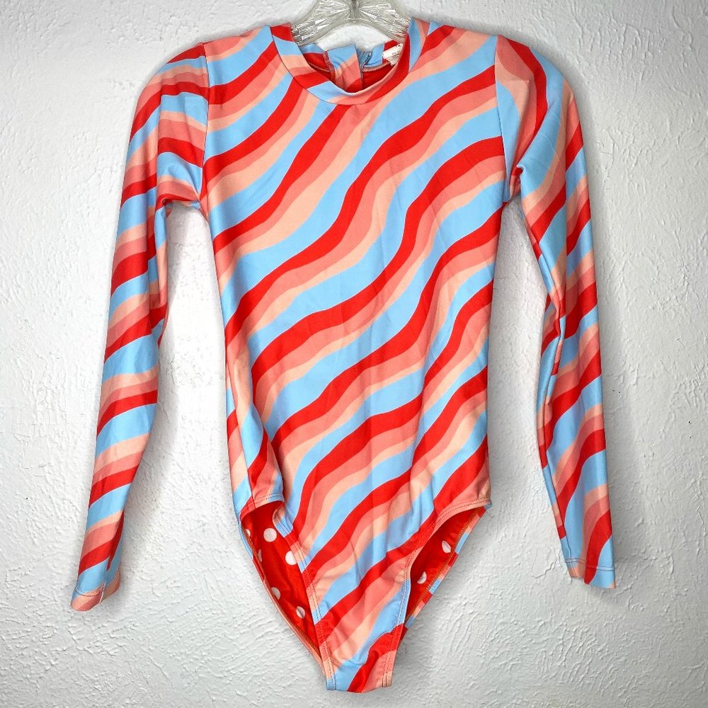 Feather 4 Arrow, girl's size 14, long sleeved one piece surf suit in blue/coral. - Picture 4 of 8
